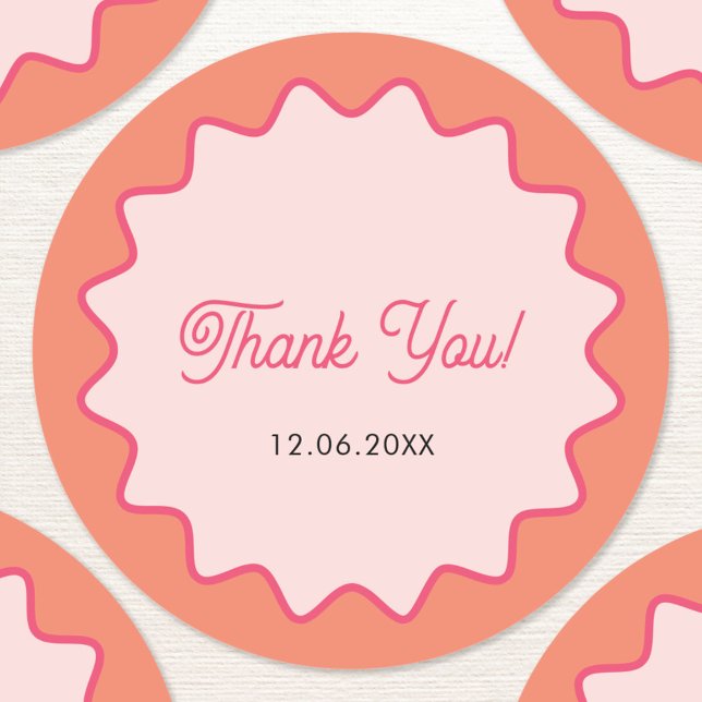Retro Wavy Pink Curve Thank You Classic Round Sticker (Wavy retro personalized date Thank You sticker)