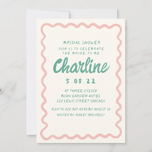 Retro Wavy Pink & Green Handwriting Bridal Shower Invitation (Front)