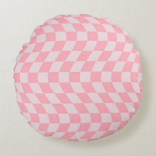 Retro Wavy Pink Lilac Checks Warped Chequered Round Cushion
