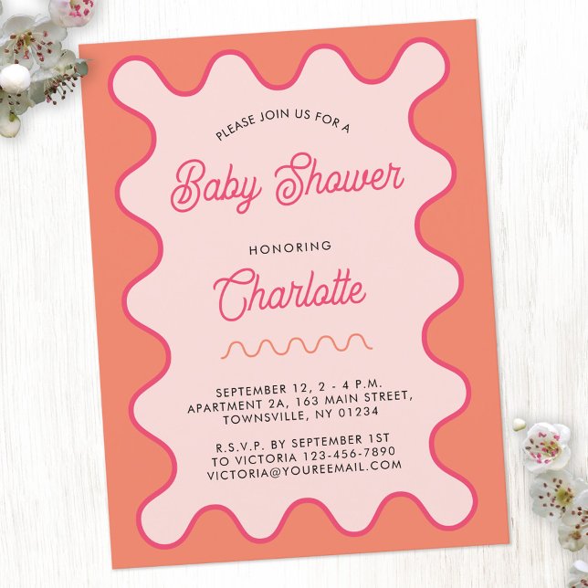 Retro Wavy Pink Orange Baby Shower Invitation Postcard (Retro modern wavy curve pink orange personalized baby shower invitation postcard)