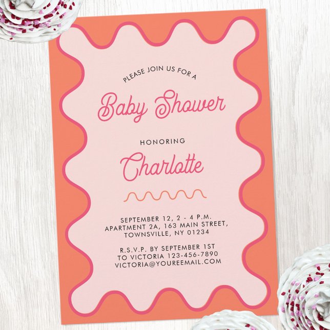 Retro Wavy Pink Orange Curve Baby Shower Invitation (Retro wavy pink orange curve modern baby shower invitation)