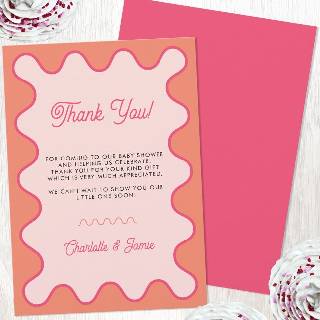 Retro Wavy Pink Orange Curve Baby Shower Thank You Card (Retro modern wavy curve pink orange border baby shower thank you card)