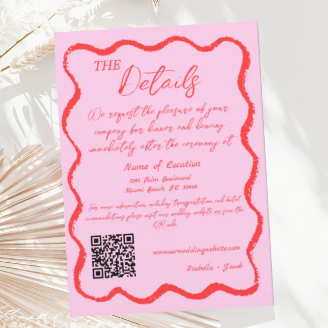 Retro Wavy Pink & Red Handwritten Wedding Details Invitation (Creator Uploaded)