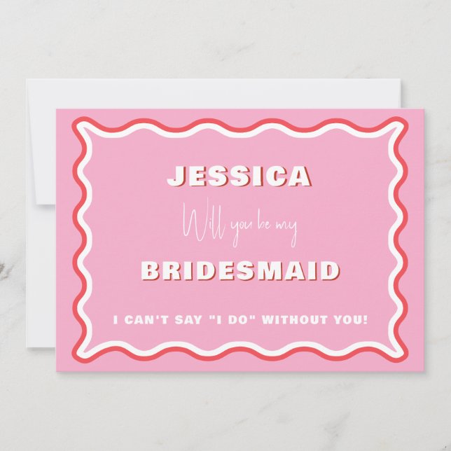 Retro Wavy Pink Red Photo Bridesmaid Proposal  Invitation (Front)