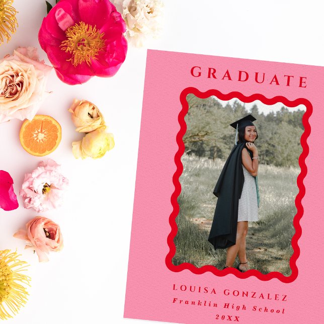 Retro Wavy Pink & Red Photo Graduation Announcement (Creator Uploaded)