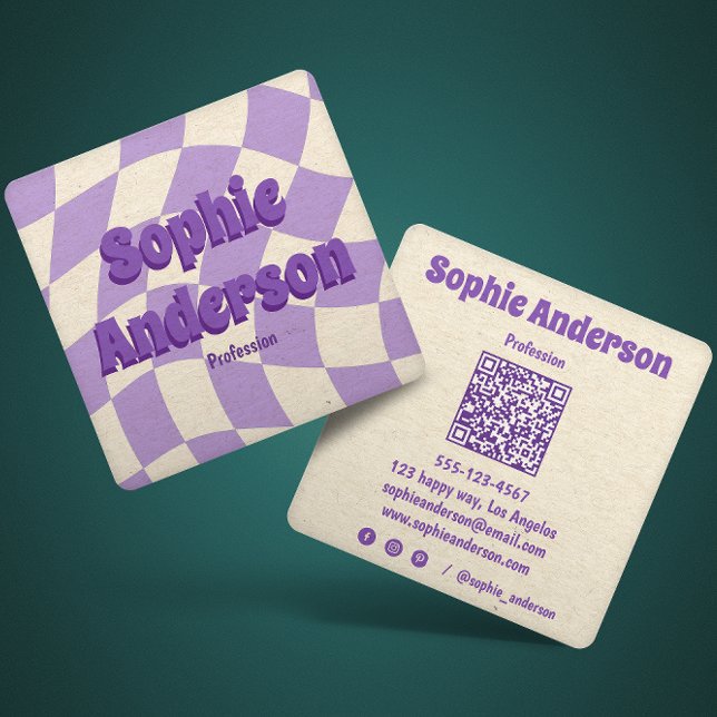 Retro Wavy Purple Chequerboard with QR Code   Square Business Card (Creator Uploaded)