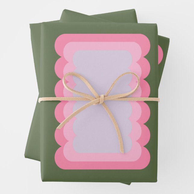 Retro Wavy Shape Green And Pink Wrapping Paper Sheet (In situ)