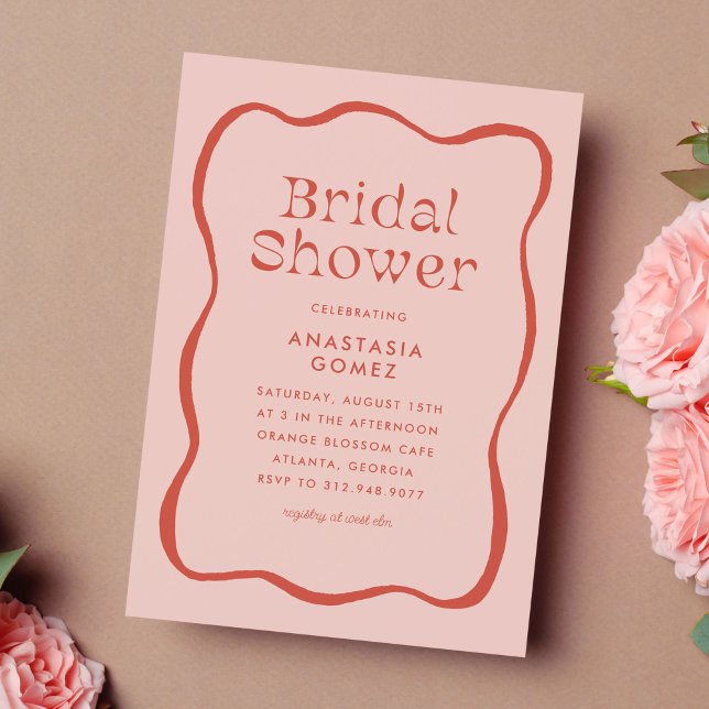 Retro Wavy Squiggle Frame in Orange Bridal Shower Invitation (retro wavy frame bridal shower invitation)