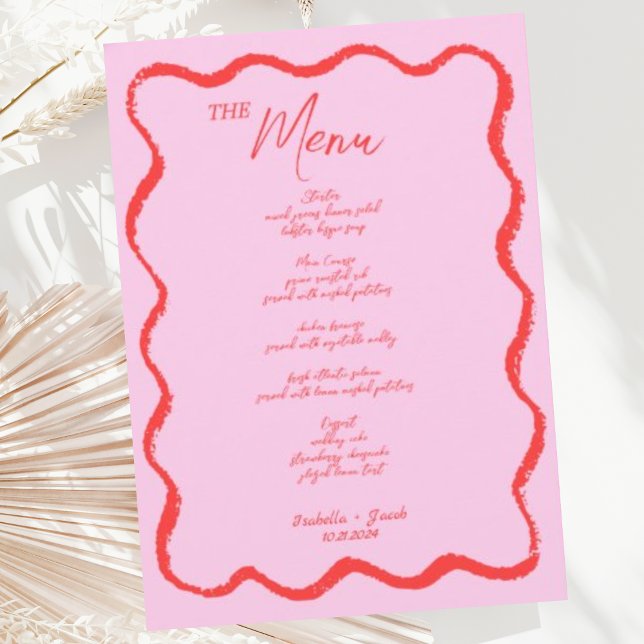 Retro Wavy Squiggle Pink Red Handwritten Wedding  Menu (Creator Uploaded)
