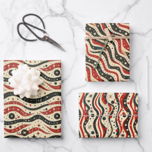Retro Wavy Stripe Pattern with Stars and Circle Wrapping Paper Sheet