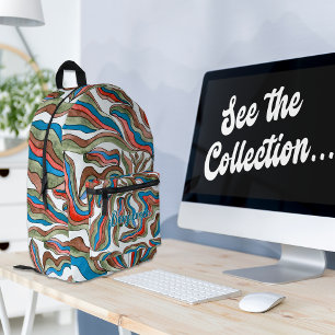 Retro Wavy Stripes Green Blue Red Monogram Name Printed Backpack