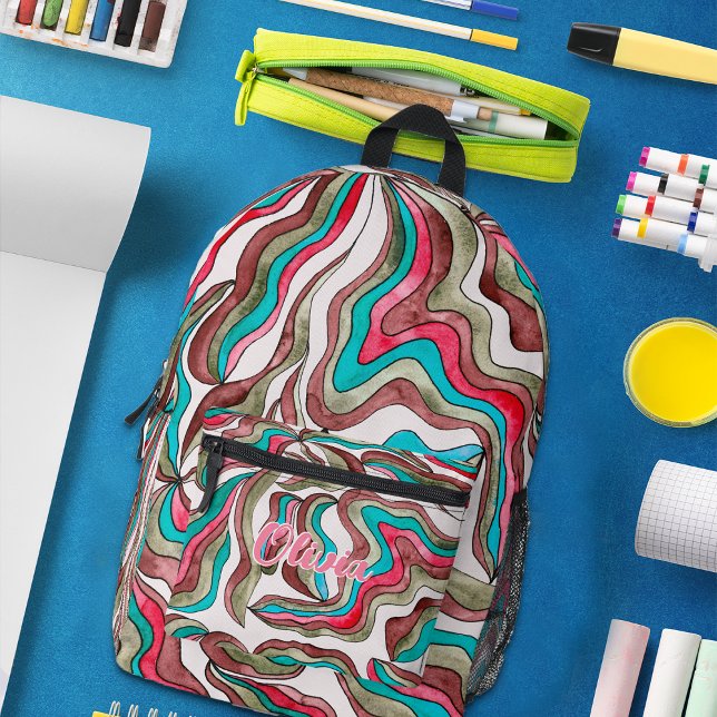 Retro Wavy Stripes Hot Pink Burgundy Monogram Name Printed Backpack (Creator Uploaded)