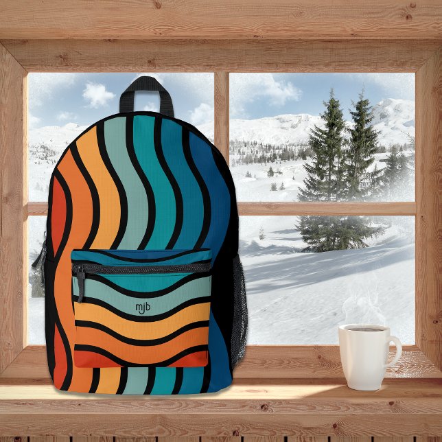 Retro Wavy Stripes Pattern with Monogram Initials Printed Backpack (Creator Uploaded)