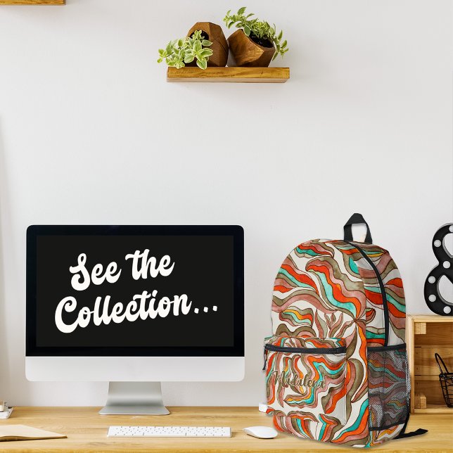 Retro Wavy Stripes Pink Burnt Orange Monogram Name Printed Backpack (Creator Uploaded)