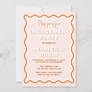 Retro Wavy Terracotta Photo Engagement Party Invitation