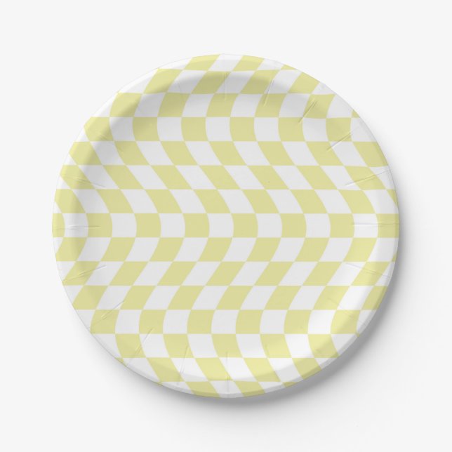 Retro Wavy Yellow Checks Warped Chequerboard   Paper Plate (Front)