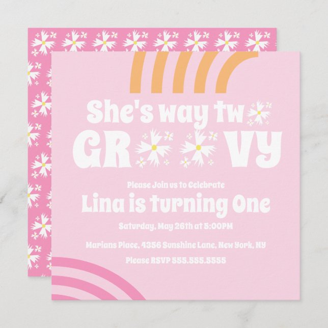 Retro Way Two Groovy Daisy Flower Birthday  Pink (Front/Back)