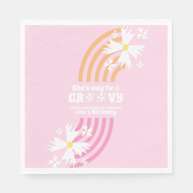 Retro Way Two Groovy Daisy Flower Birthday  Pink Napkin (Front)