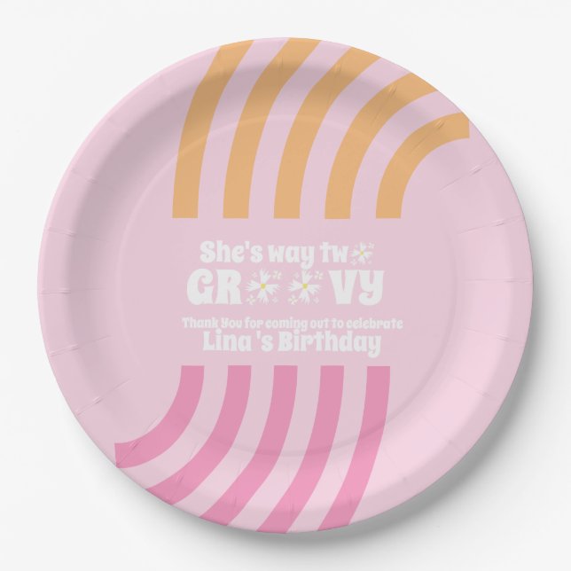 Retro Way Two Groovy Daisy Flower Birthday  Pink Paper Plate (Front)