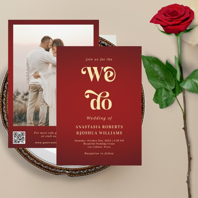 Retro We Do Crimson Red Gold QR Code Wedding Invitation (Creator Uploaded)