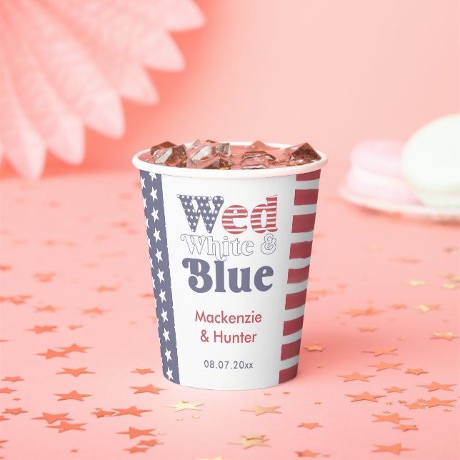 Retro Wed White Blue Couples Wedding Shower Paper Cups (Insitu)