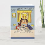 Retro Wedding Anniversary Greeting Card<br><div class="desc">Vintage / Retro Wedding Anniversary greeting card.  Adorable young couple enjoying their breakfast with a sweet kiss!  On Your Wedding Anniversary!</div>