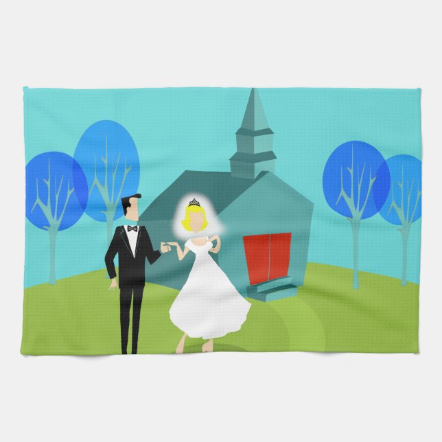 Retro Wedding Couple Kitchen Towel (Horizontal)