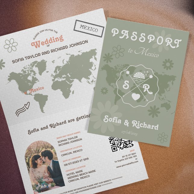 Retro Wedding Destination Passport Map QR Code Invitation (Creator Uploaded)