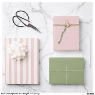 Retro wedding Green Pink Striped Wrapping Paper Sheet