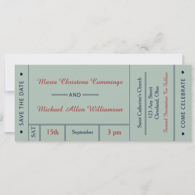 Retro Wedding Ticket Save The Date Announcement (Front)