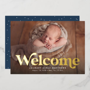 Retro welcome navy gold photo birth announcement