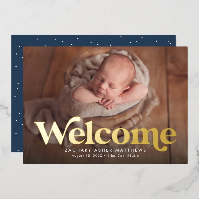 Retro welcome navy gold photo birth announcement (Front/Back)