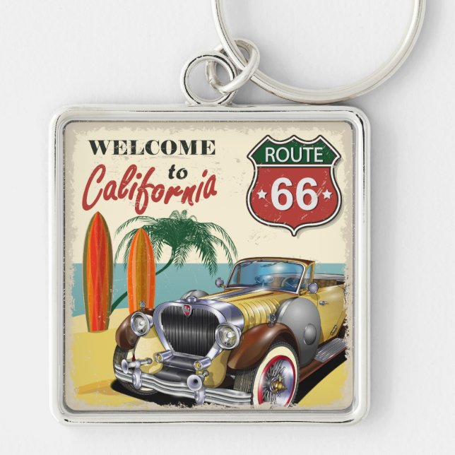 Retro "Welcome to California" Route 66 poster, Key Ring (Front)