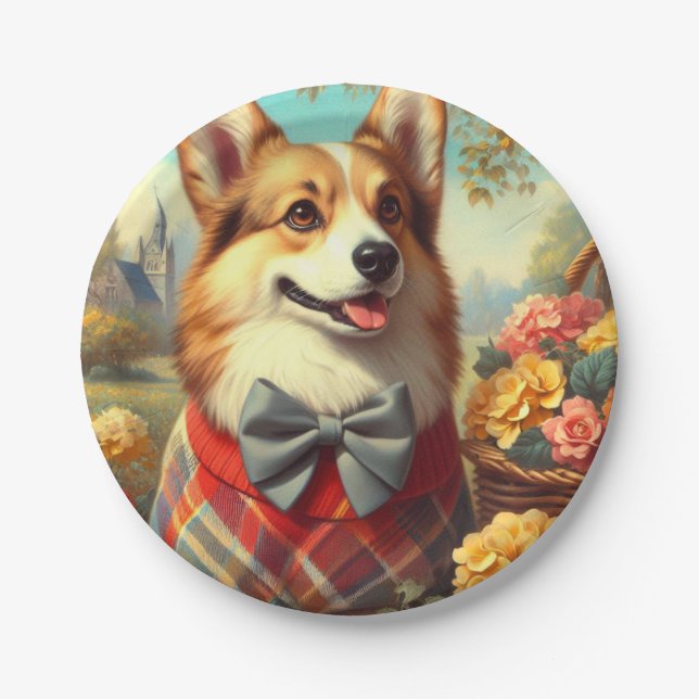 Retro Welsh Corgi Cardigan Painting Paper Plate (Front)