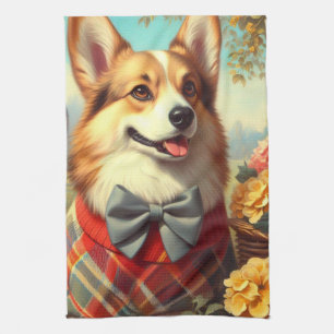 Retro Welsh Corgi Cardigan Painting Tea Towel