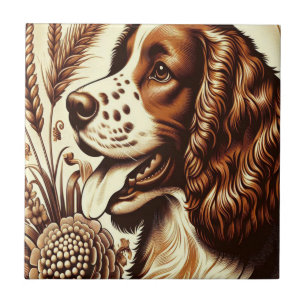 Retro Welsh Springer Spaniel Brown White Art Ceramic Tile