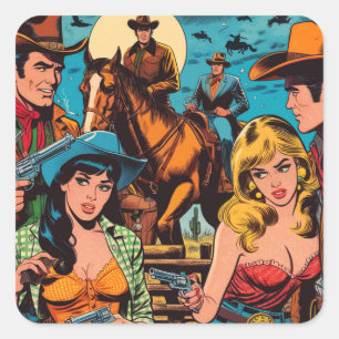 Retro Western Comics Illustration Square Sticker