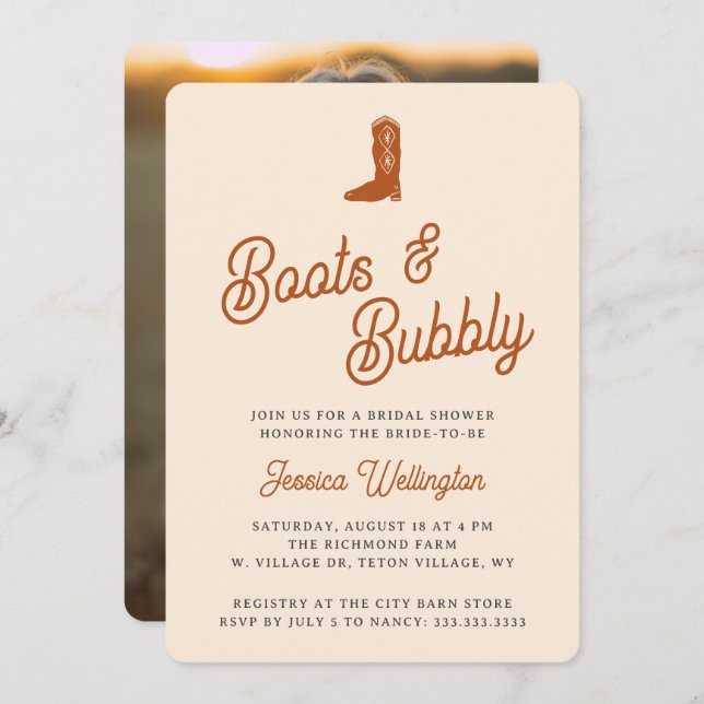 Retro Western Cowboy Boots & Bubbly Bridal Shower Invitation (Front/Back)