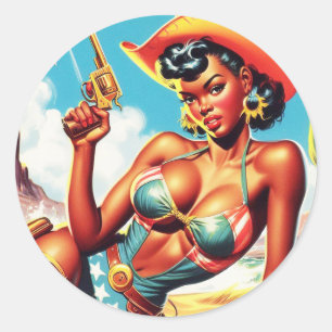 Retro Western Cowgirl Pin-up Classic Round Sticker