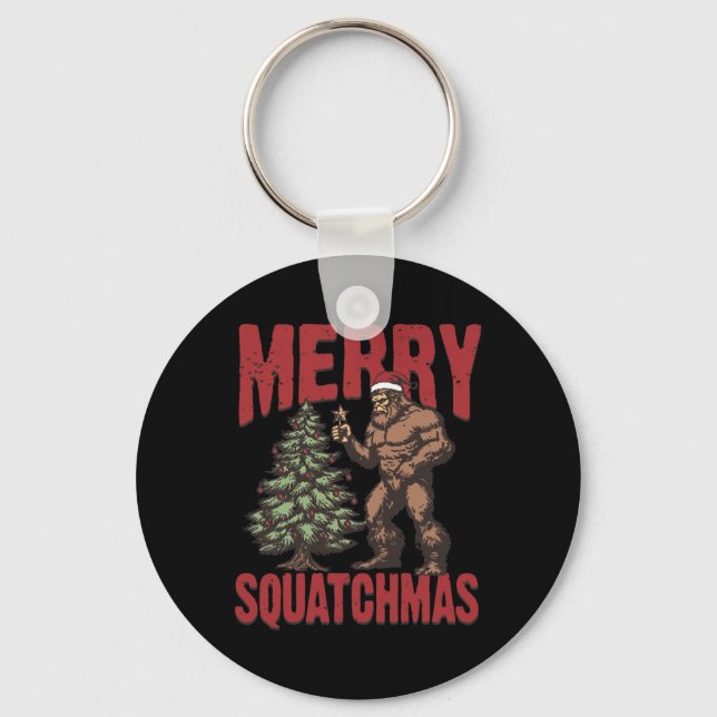 Retro Western Merry Squatchmas Funny Bigfoot Santa Key Ring (Front)