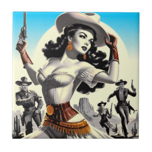 Retro Western Pin-up Ceramic Tile