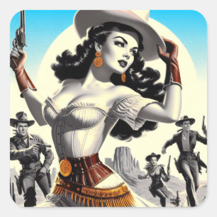 Retro Western Pin-up Square Sticker