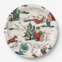 Retro Western Santa Christmas paper plates