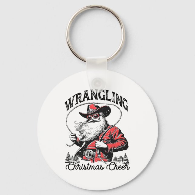 Retro Western Xmas Wrangling Christmas Cheer Santa Key Ring (Front)