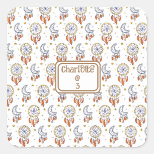 Retro Whimsical Boho Pattern Name Birthday Square Sticker