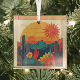 Retro Whimsical Boho Style Sunset Landscape Glass Tree Decoration