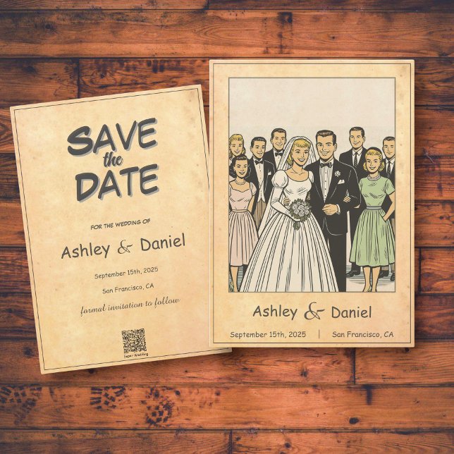 Retro Whimsical Bride and Groom Comic Book Wedding Save The Date (Creator Uploaded)