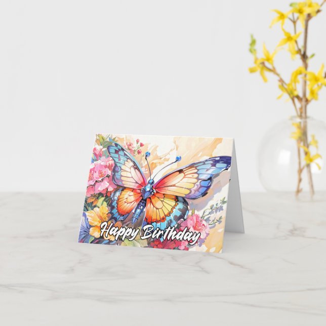 Retro Whimsical Butterfly Happy Birthday Card (Yellow Flower)