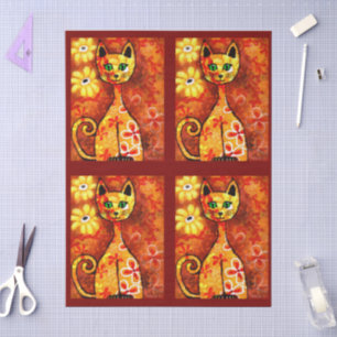 Retro Whimsical Cat Kitty Floral Orange Decoupage Tissue Paper