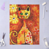Retro Whimsical Cat Kitty Floral Orange Decoupage